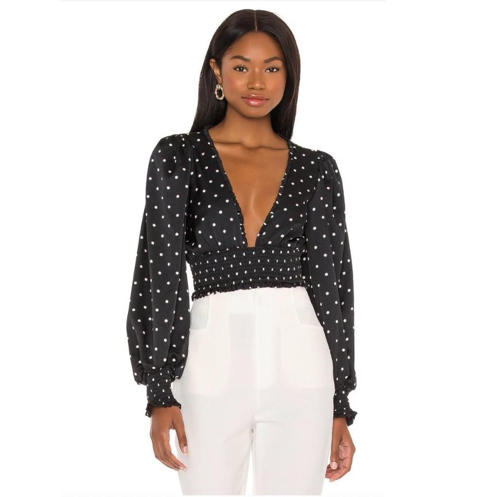 For Love & Lemons | Black Pink Polkadot "Carissa" Satin Volume Sleeve Crop Top M